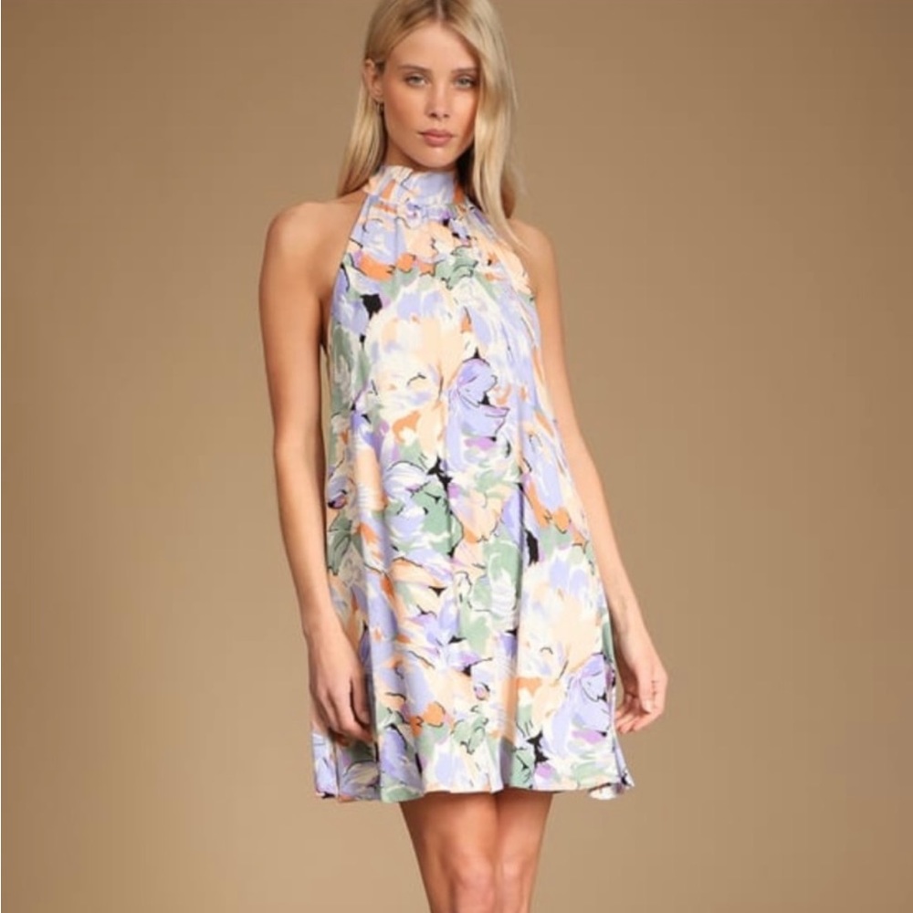 NWT Lulus “Tied Back To You Lavender Multi Floral Print Mini Shift Dress”Size XL